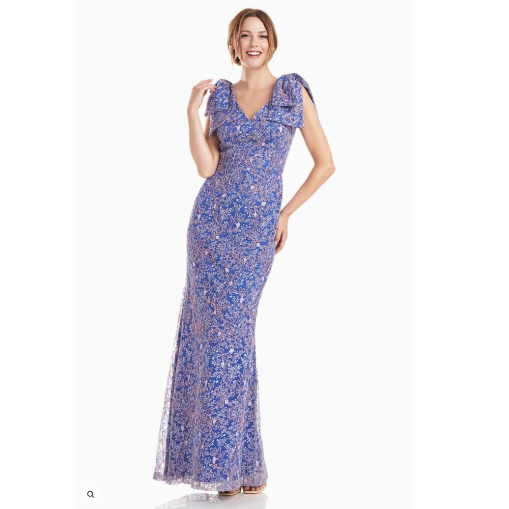 NWT JS Collections Kamila Bow Mermaid Gown Blue Embroidered Dress Size 2